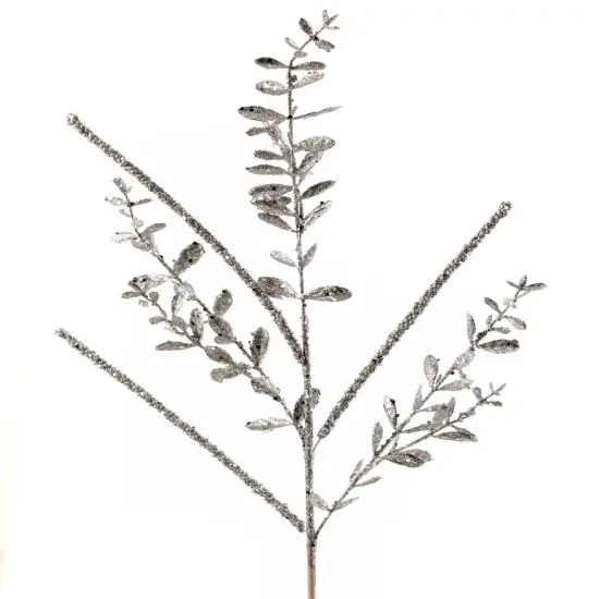 29" GLITTER/SEQUIN BOXWOOD BERRY STICK SPRAY SILV {1}