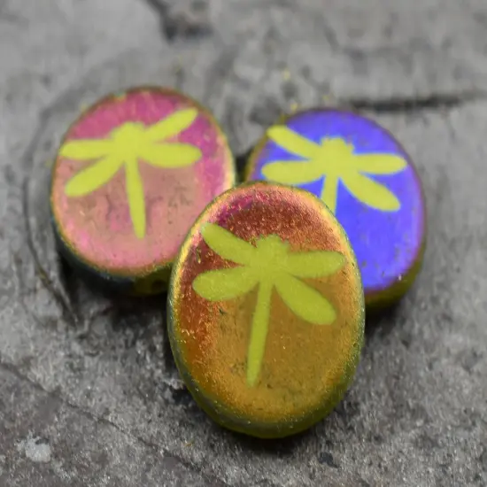 *8* 16mm Matte Laser Etched Chartreuse Dragonfly Coin Beads {4}