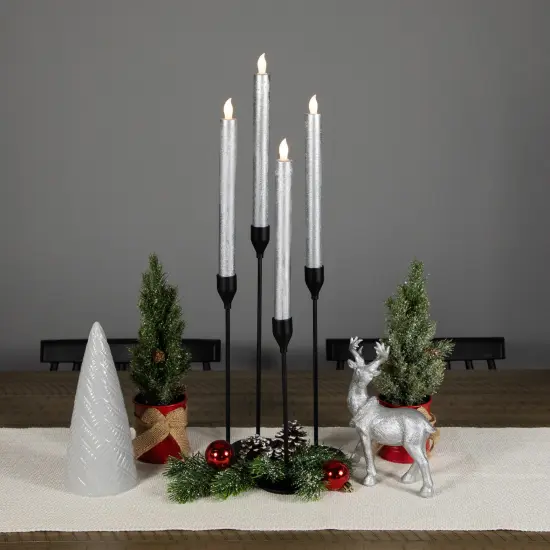 Northlight Set of 4 Brushed Silver-tone LED Flameless Wax Flickering Taper Candles 9.5" {3}