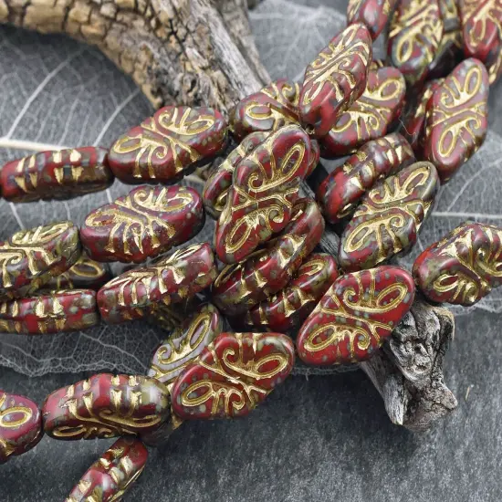 *9* 19x9mm Gold Washed Opaque Red Travertine Arabesque Beads {5}