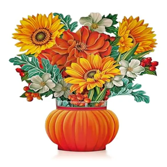 Freshcut Paper Pop Up Cards, Pumpkin Harvest, 12 inch Life Sized Forever Flower Bouquet 3D Popup Thanksgiving, Autumn, Fall Greeting Cards with Note Card and Envelope - Harvest Party Decoration {3}