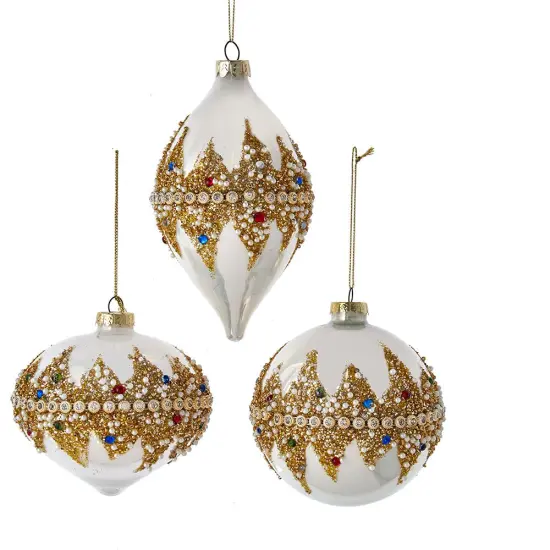 4" Glass Jeweled Ball, Onion and Drop Shape Ornaments, 3 Assorted {1}