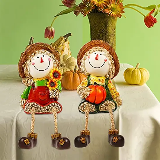 Fall Figurines, Set of 2 Resin Scarecrow Shelf Sitters with Dangling Legs, Fruit Harvest Sculpture for Window Sill Kitchen Tabletop Autumn Home Decoration {4}