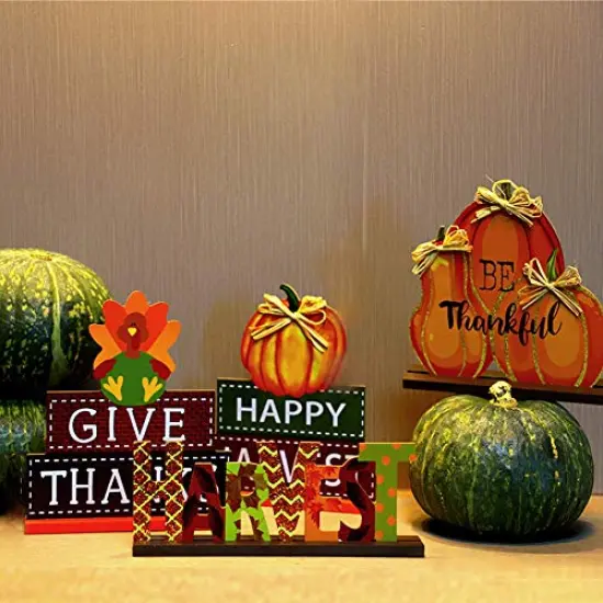 4 Pack Thanksgiving Themed Table Centerpiece Signs, Wood Pumpkin Table Decor Harvest Autumn Glittery Pumpkins Table Topper for Home Office Thanksgiving Decorations {3}