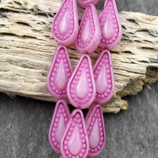 *10* 14x10mm Dark Pink Washed Pink Opaline Filigree Tear Drop Beads {3}