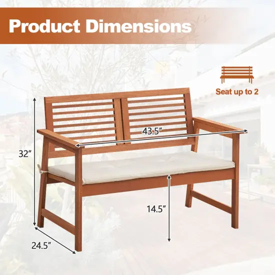 Solid Wood Patio Loveseat with Off White Cushions Outdoor 2-Seat Bench for Porch or Garden {4}