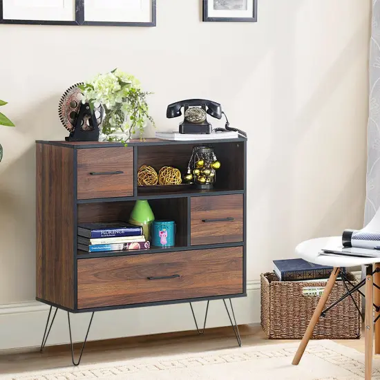 3-Tier Wood Storage Cabinet with Drawers and 4 Metal Legs {3}