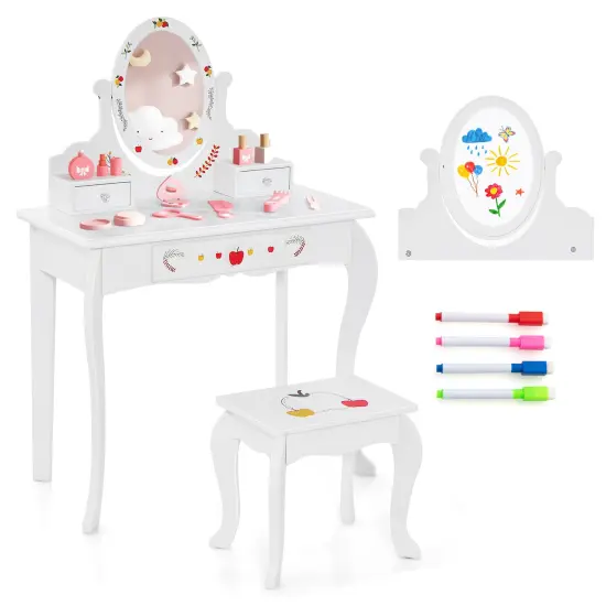 Kids Vanity And Stool Set With 360&deg; Rotatable Mirror And Whiteboard-White {3}