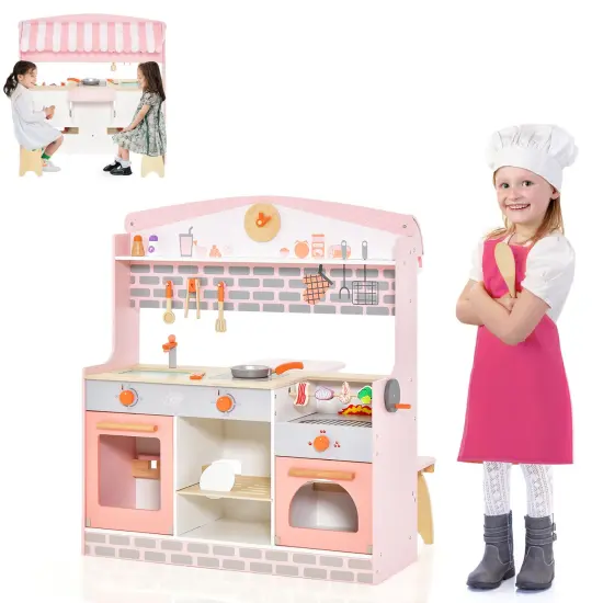 Double-sided Kids Play Kitchen Set With Canopy And 2 Seats {4}