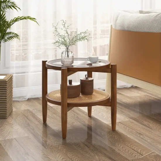 Rattan Round Side End Table With Tempered Glass Tabletop {6}