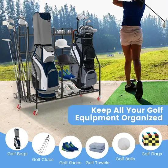 Double Golf Bag Rack with Removable Golf Club Stand and Wheels-Black {6}