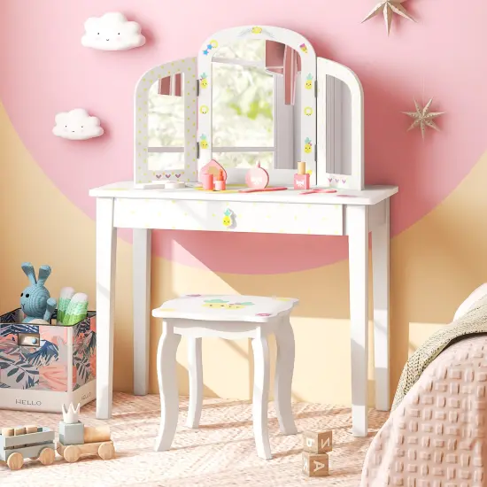Kids Vanity Table Set With Tri-folding Mirror And Large Drawer-White {1}