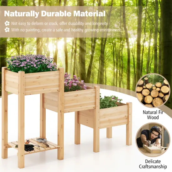 3-tier Wooden Raised Garden Bed With Open Storage Shelf-Natural {6}