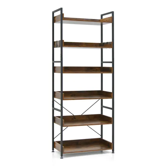 6-tier Tall Industrial Bookcase With Open Shelves And 4 Hooks {1}