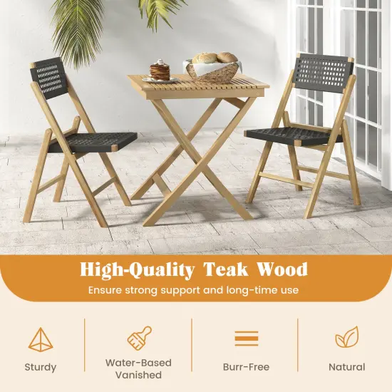 Set Of 2 Folding Chairs Indonesia Teak Wood Dining Chairs With Woven Rope Seat And Back {6}