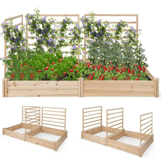 Raised Garden Bed With 2 Planter Boxes And 3 Trellis-Natural {4}