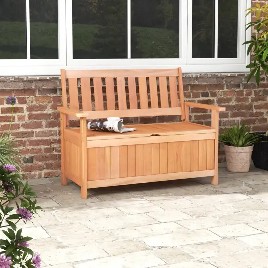 Patio Hardwood Storage Bench With Slatted Backrest {1}