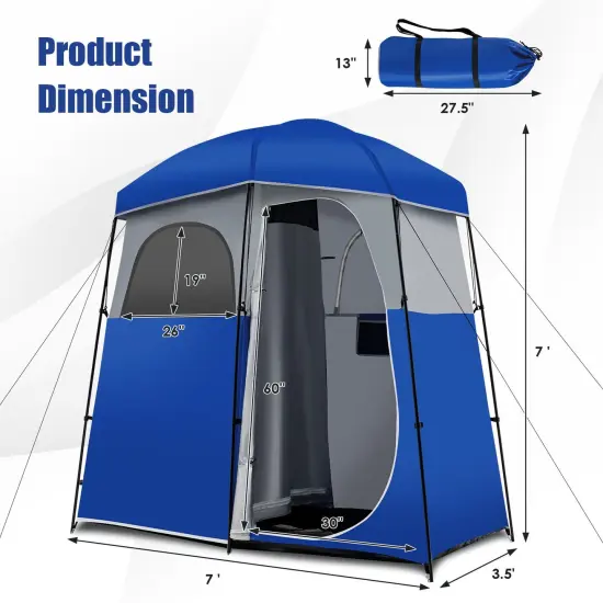 Double-Room Camping Toilet Tent with Floor and Portable Storage Bag-Blue {4}