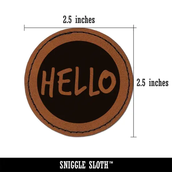 Hello in Circle Round Iron-On Engraved Faux Leather Patch Applique - 2.5" Brown {2}