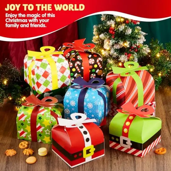 JOYIN 24 PCS 3D Christmas Goodie Boxes with Bow for Holiday Xmas Goodie Paper Boxes, School Classroom Party Favor Supplies, Candy Treat Cardboard Cookie Boxes {3}
