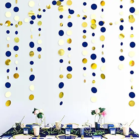 4 Set of Royal blue gold - 46 Ft Navy Blue and Gold Circle Dots Garland Royal Blue Hanging Paper Polka Dot Streamer for Birthday Wedding Bridal Baby Shower Graduations Nautical Ahoy Achor Pirate Theme Party Decorations Supplies {3}