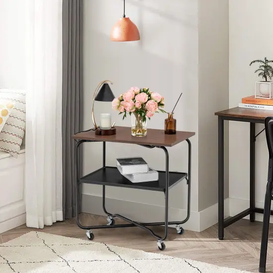 2-Tier End Table with Metal Storage Shelf and Foldable Frame Brown {2}