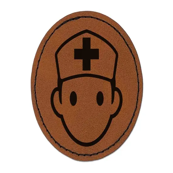 Occupation Medical Nurse Icon Round Iron-On Engraved Faux Leather Patch Applique - 2.5" Brown {1}