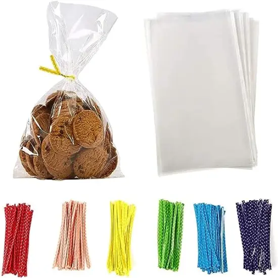 100 Pcs 8 in x 6 in Clear Flat Cello Cellophane Treat Bags Good for Bakery,Popcorn,Cookies, Candies,Dessert, Birthday 1.4mil.Give Metallic Twist Ties! {2}