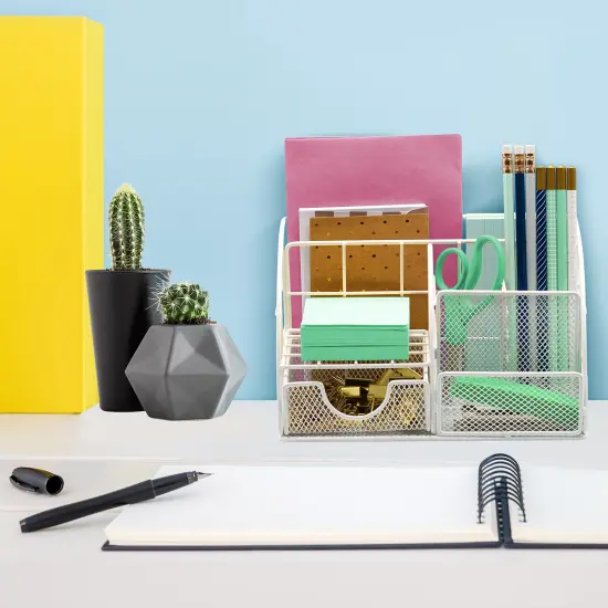 Sorbus Desk Organizer, Great for Office Supplies Organization Decor, All-in-One Stylish Mesh Desktop Caddy Includes Pen/Pencil Holder, Mail Organizer, and Sliding Drawer White {4}