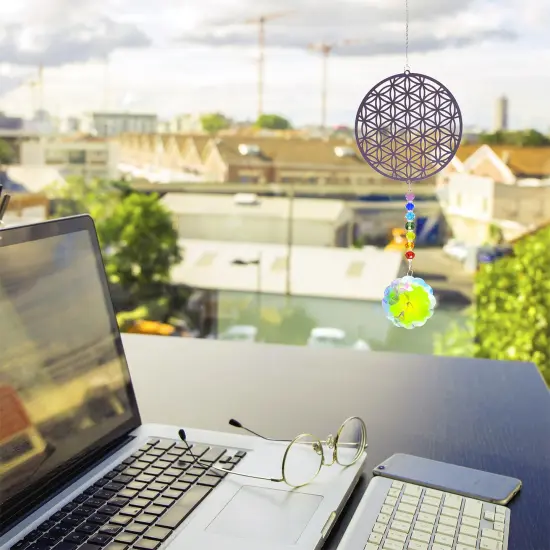 Flower of Life Suncatcher, Silver Hanging Crystal Wind Chimes, Tree of Life Chakra Crystal Glass Angel Sun Catcher with Iris Effect for Home Garden Decoration Christmas Wedding Gift {3}