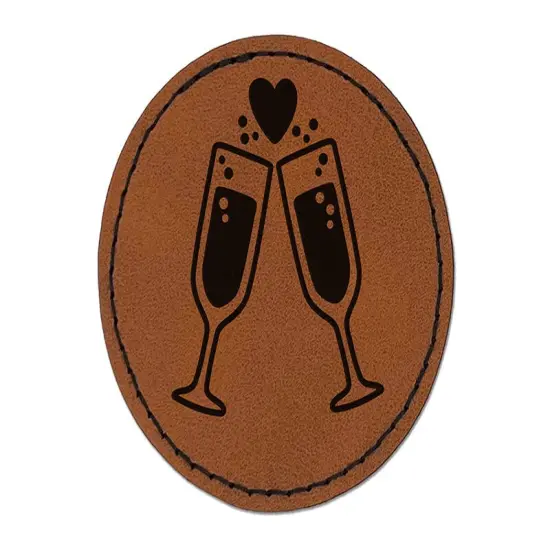 Cheers Toast Champagne Heart Love Wedding Anniversary Round Iron-On Engraved Faux Leather Patch Applique - 2.5" Brown {1}