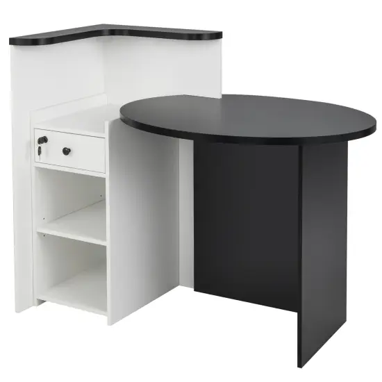 Front Reception Office Desk with Open Shelf and Lockable Drawer-Black & White {4}