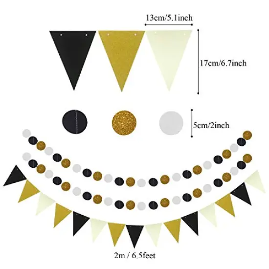 21 Pieces Party Decoration, Black and Gold Hanging Paper Fans, Pom Poms Flowers, Garlands String Polka Dot and Triangle Bunting Flags for Birthday Parties Wedding D&eacute;cor, Table & Wall Decorations {4}
