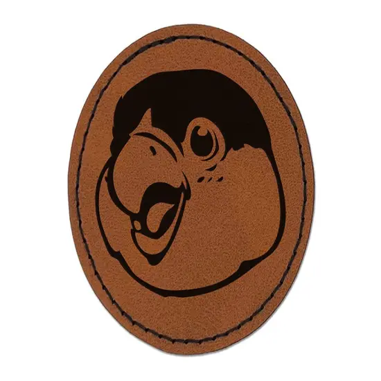 Happy Smiling Parrot Bird Round Iron-On Engraved Faux Leather Patch Applique - 2.5" Brown {1}