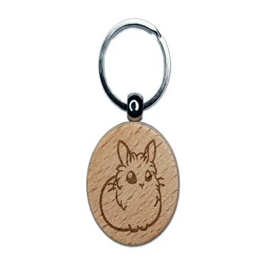Lionhead Rabbit Bunny Cute Engraved Wood Round Keychain Tag Charm {1}