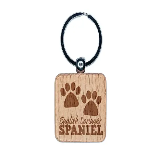 English Springer Spaniel Dog Paw Prints Fun Text Engraved Wood Square Keychain Tag Charm {1}