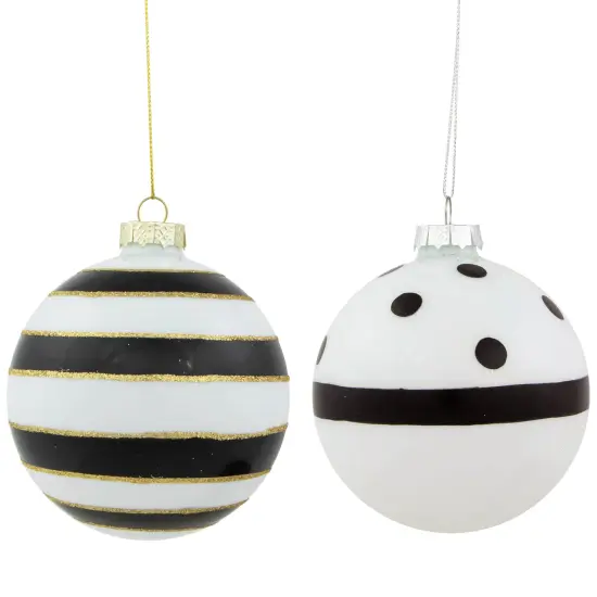 Northlight Striped and Dotted Christmas Glass Ball Ornaments - 4" - White and Black - Set of 2 {1}