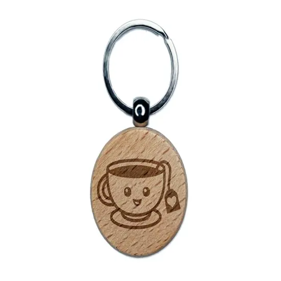 Kawaii Cute Cup of Tea Engraved Wood Round Keychain Tag Charm {1}