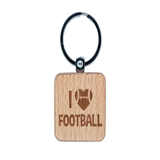 I Love Football Heart Shaped Ball Sports Engraved Wood Square Keychain Tag Charm {1}