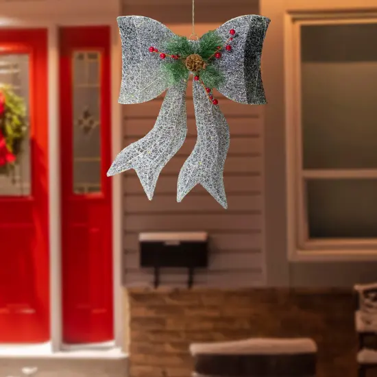 Northlight LED Lighted Gradient Mesh Bow Christmas Decoration - 22" - Silver Finish - Warm White {3}