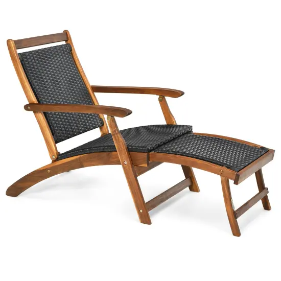 Patio Folding Rattan Lounge Chair Wooden Frame with Retractable Footrest {3}