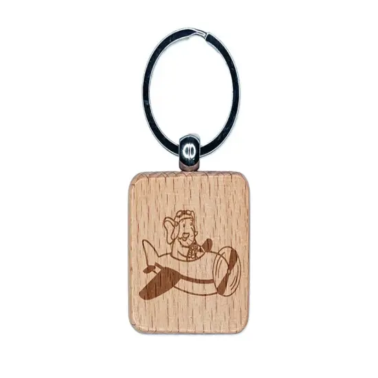 Elephant Flying an Airplane Plane Engraved Wood Square Keychain Tag Charm {1}