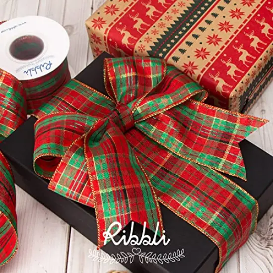 Ribbli 4 Rolls Christmas Wired Ribbon,Natural and Red Burlap Christmas Plaid Wired Ribbon,2 Inch Total 20 Yard, Christmas Ribbon for Crafts, Big Bow,Gift Wrapping, Wreath, Tree Decoration {2}