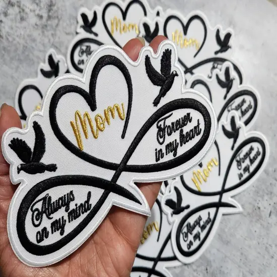 Memorial Infinity Collection: Patch Party Club, "MOM" Eternal Remembrance 1-pc, Iron-On Embroidered Patch, Sz 6", Tribute Honoring Loved One {4}