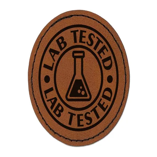 Lab Tested Science Beaker Round Iron-On Engraved Faux Leather Patch Applique - 2.5" Brown {1}