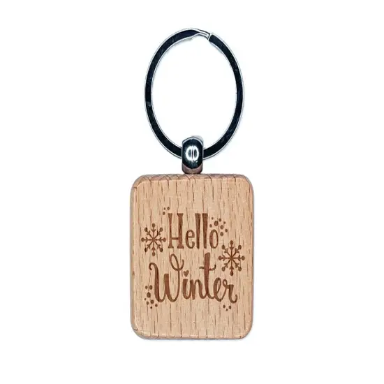 Hello Winter Snowflakes Engraved Wood Square Keychain Tag Charm {1}