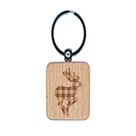 Plaid Deer Buck Buffalo Print Engraved Wood Square Keychain Tag Charm {1}
