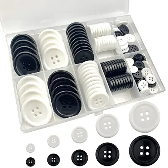 162 Pieces Mixed Resin Sewing Buttons, Eco-Friendly 1 inch Buttons with Compartmentalized Storage Box Black Buttons, 4 Holes 5 Sizes DIY White Buttons, Suitable for Sewing, DIY and Holiday Decoration. {2}
