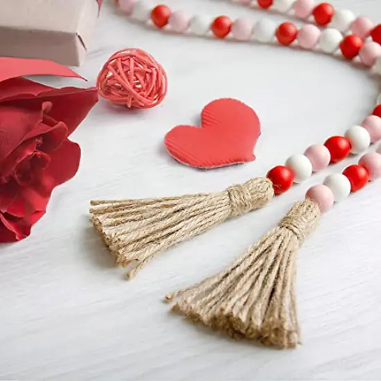 Valentine's Day Wood Bead Garland with Tassel,Rustic Wooden Bead Decor Farmhouse Beads Big Wall Hanging Decor (Pink/Red/White) {3}
