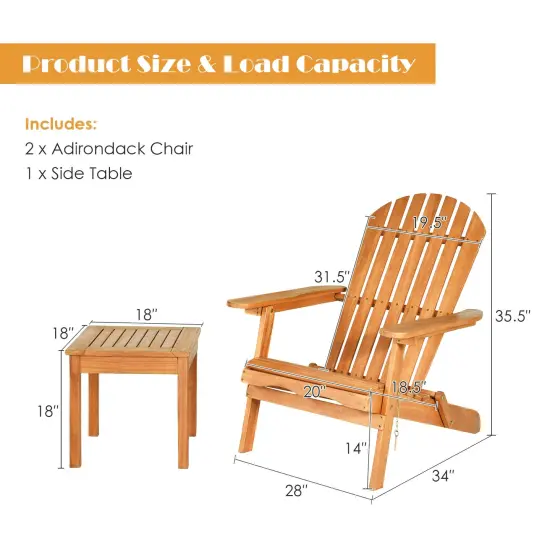 3 Pieces Fold-able Adirondack Chair Set with Widened Armrest {4}